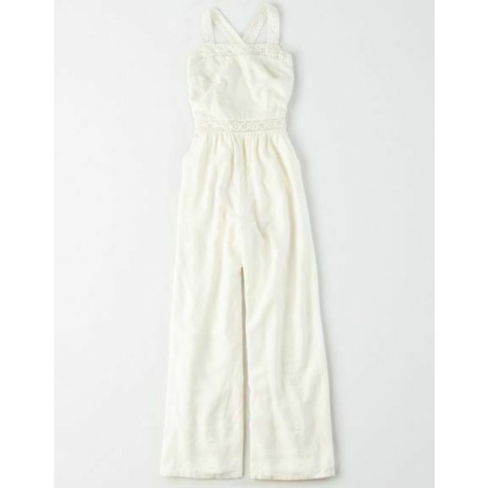 American Eagle AE Crochet Jumpsuit Women's Cream White Size Large